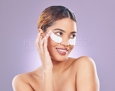 Buy stock photo Skincare, eye patch and mask for woman, beauty and product for anti aging on studio background. Selfcare, grooming and smile for cleanse and skin repair, dermatology and collagen for female person