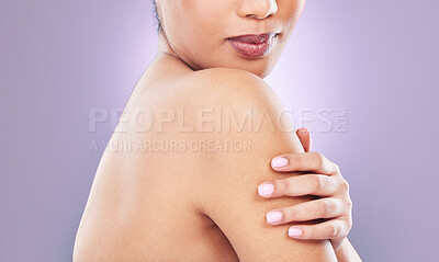 Buy stock photo Shot of an unrecognizable woman standing against a pink background