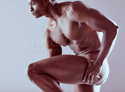 Buy stock photo Shot of an unrecognizable  muscular man posing nude against a grey background