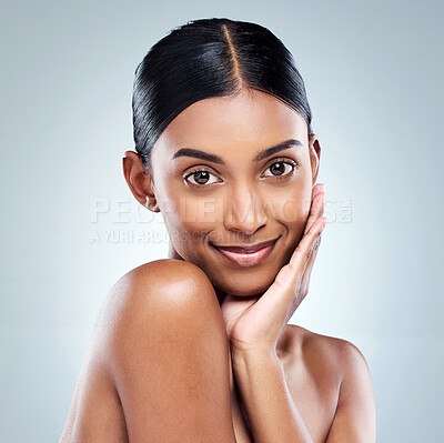 Buy stock photo Face, beauty and portrait of woman or model with skincare cosmetic isolated in a studio white background. Clean, dermatology and natural female person hand on her face happy for self love or care