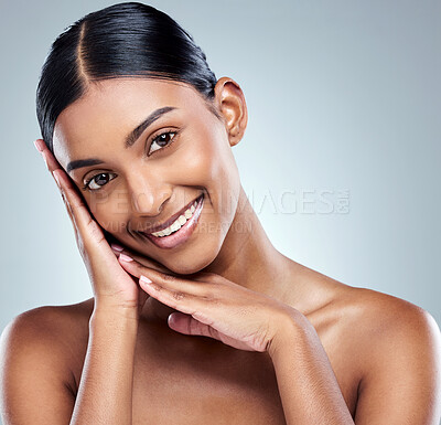 Buy stock photo Smile, beauty and portrait woman with skincare cosmetic isolated in a studio white background. Clean, natural and female person or model hand on her face happy for self love, dermatology and care