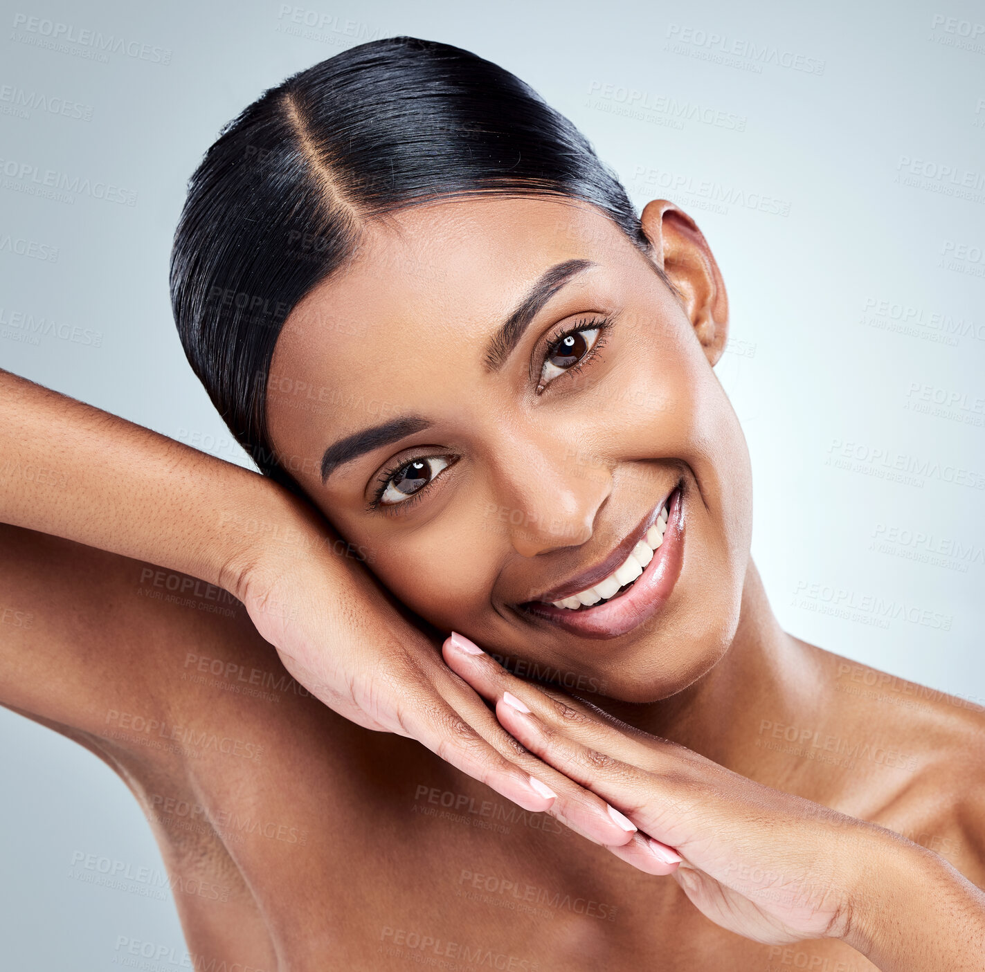 Buy stock photo Happy, skincare and portrait of Indian woman with beauty cosmetic isolated in a studio white background. Clean, natural and female person or model hand on her face for self love, dermatology or care