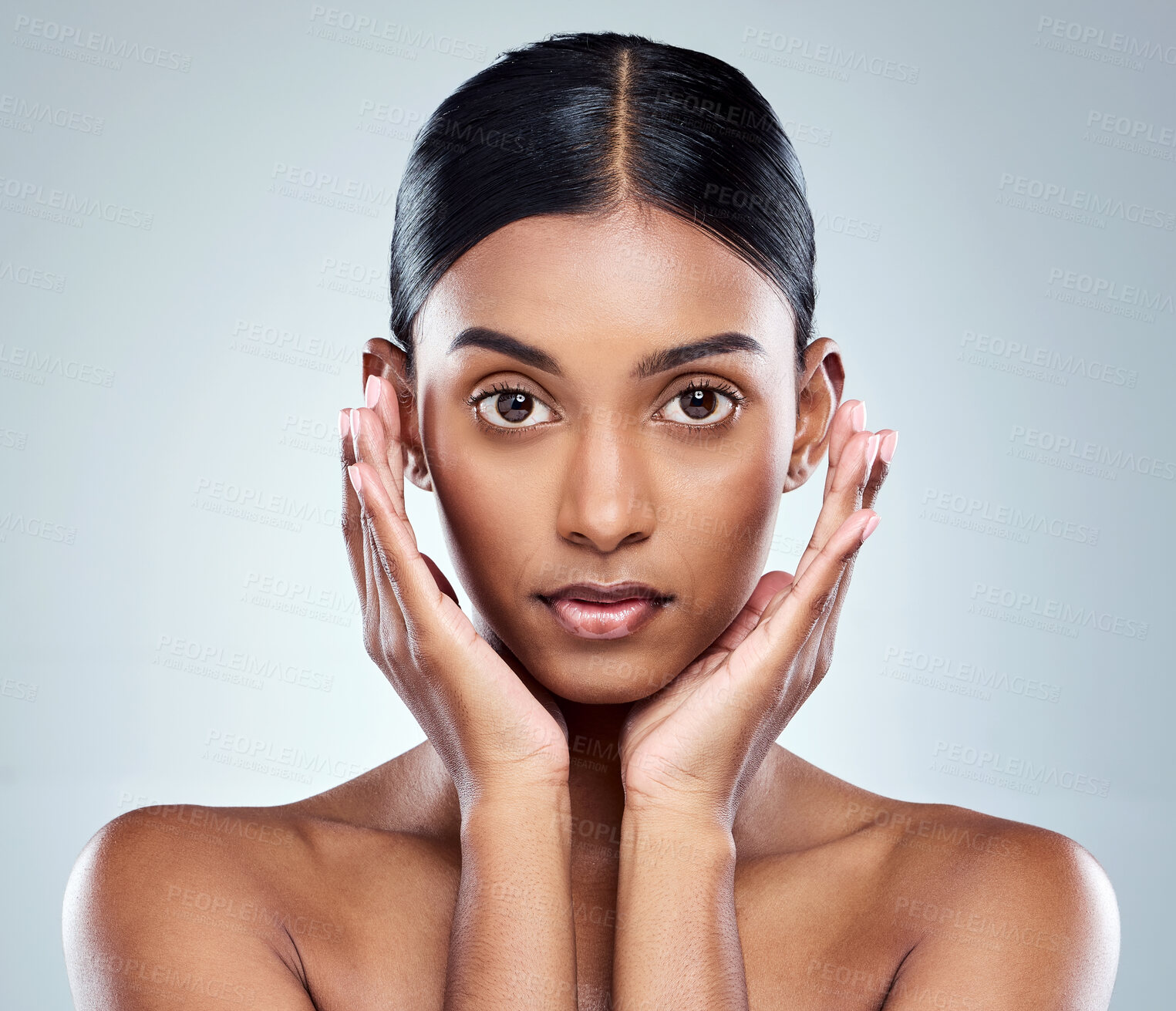 Buy stock photo Indian woman, portrait and hand for beauty or skincare, collagen and botox on gray background. Cosmetology, hydration or selfcare for anti aging, facial or hyaluronic acid for female person in studio