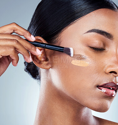 Buy stock photo Makeup brush, foundation shade and woman with cosmetics, natural beauty and skincare. Cosmetic, young female model and self care with contour and face product with highlighter for skin glow in studio