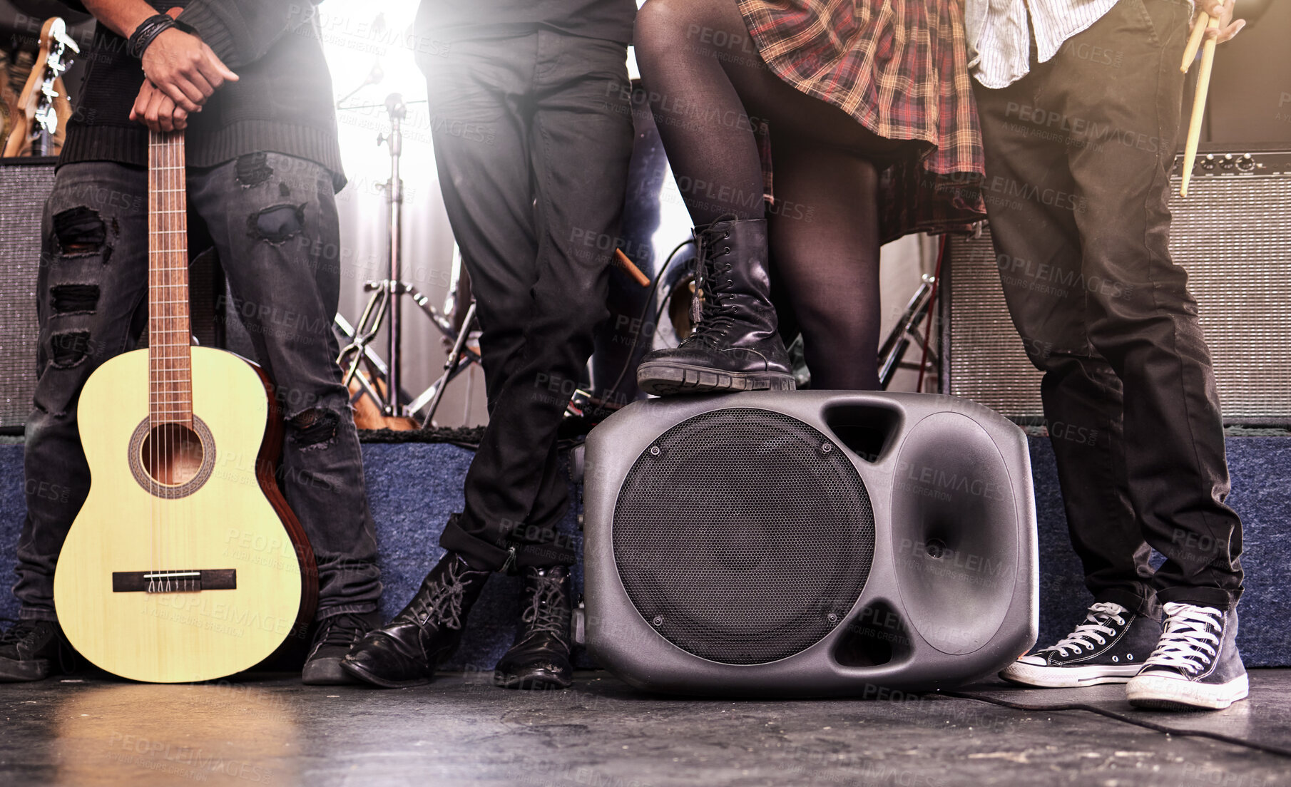 Buy stock photo Band, stage and concert with legs for performance at festival, gig with guitar and speaker. Group, people or artist with closeup of rock and roll culture or music, commitment to creativity and talent