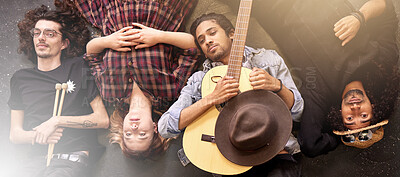 Buy stock photo Band, stage and people on floor to relax at festival, gig or concert event with guitar, teamwork or top view. Portrait, tired artists or group in rock and roll culture with creativity or music talent