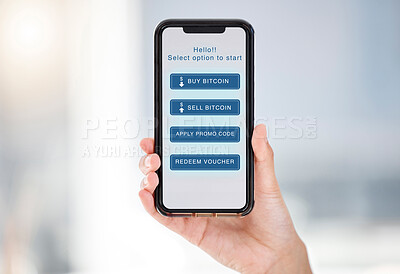 Buy stock photo Hands, phone and person trading on stock market, fintech app or cryptocurrency option. Closeup, financial trader or screen of technology for voucher promo code, banking investment or trading choices