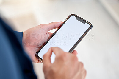 Buy stock photo Hands, business man and phone screen with mockup space, message and internet for social media, trading and investment. Person, closeup and trader with cellphone, tech and digital app for texting