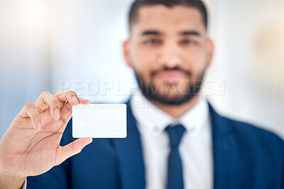 Buy stock photo Businessman, hand and show a blank card for advertising company information, about us and mockup space. Closeup, employee and empty template for promotion sign, contact details and marketing placard