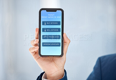 Buy stock photo Cryptocurrency, smartphone and hand in office for trade, profit and stock market app. UX dashboard, startup and person with technology for finance, investment and banking software for business