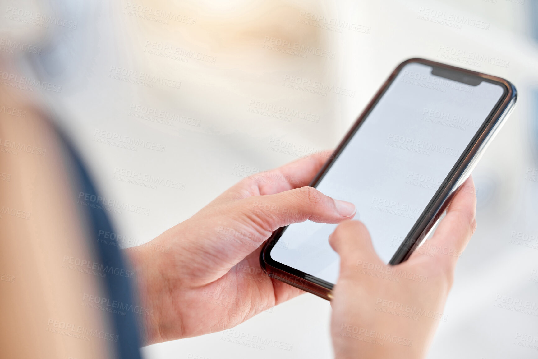 Buy stock photo Hands, business woman and phone screen with mockup space, texting and message to contact. Person, closeup and trader with cellphone, tech and digital app for online banking and search for information