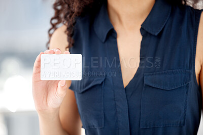 Buy stock photo Hand, mockup and woman with business card in office for company contact information or referral. Offer, show and female person with blank space for paper ticket with career networking or promotion.