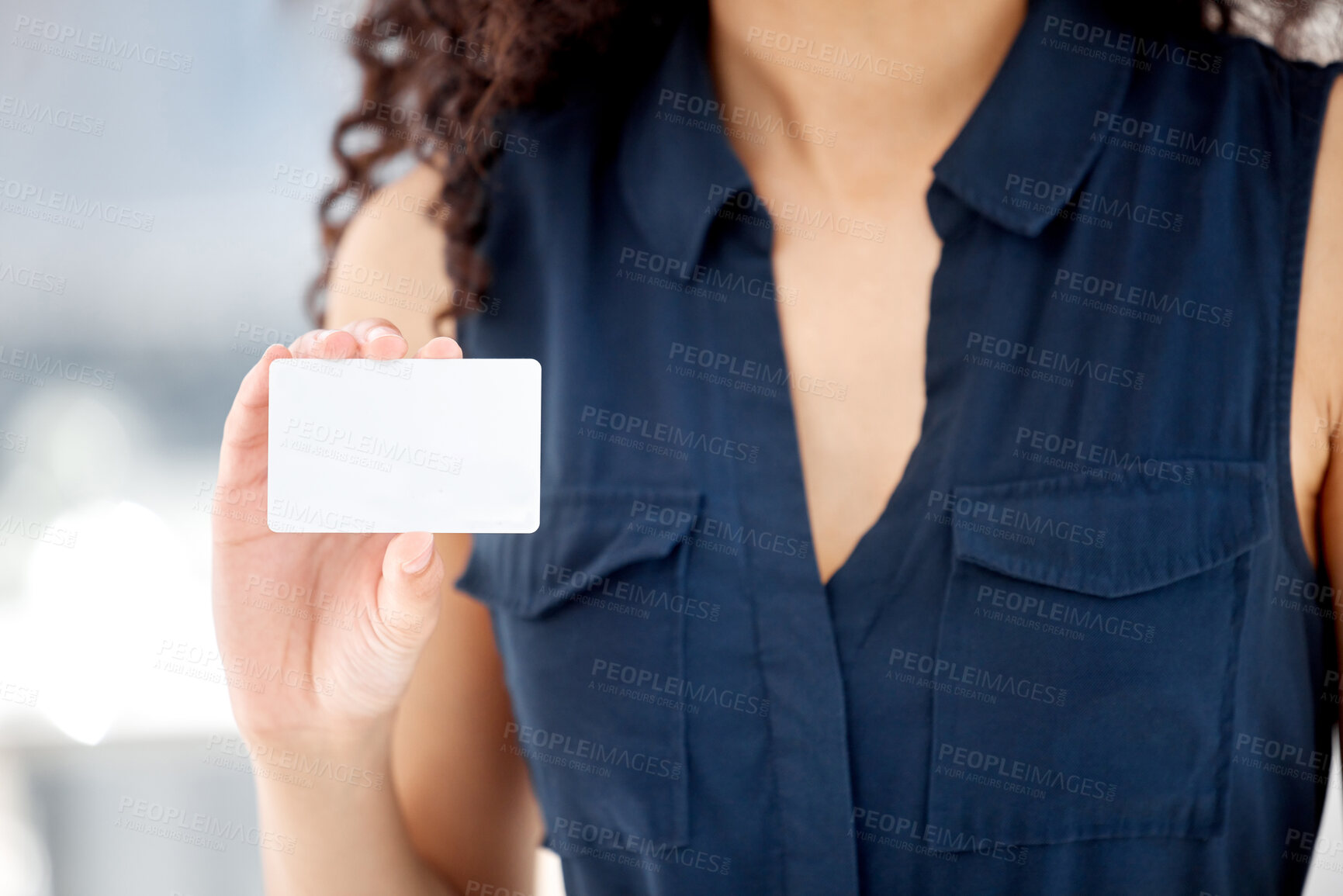 Buy stock photo Hand, mockup and woman with business card in office for company contact information or referral. Offer, show and female person with blank space for paper ticket with career networking or promotion.