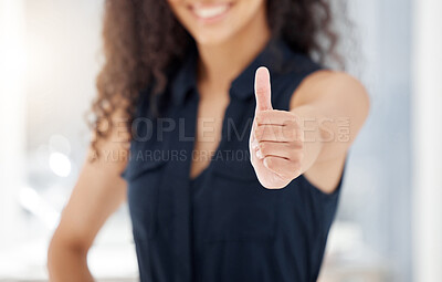 Buy stock photo Woman, professional and thumbs up for success in career, workplace or job as customer service agent. Female person, happy and positive for satisfaction in sale or corporate deal for company or client