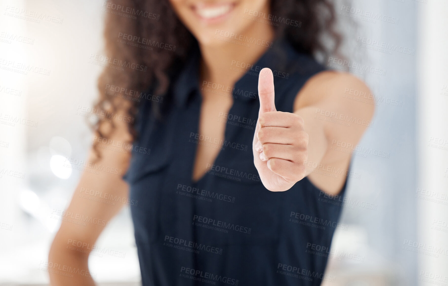 Buy stock photo Woman, professional and thumbs up for success in career, workplace or job as customer service agent. Female person, happy and positive for satisfaction in sale or corporate deal for company or client