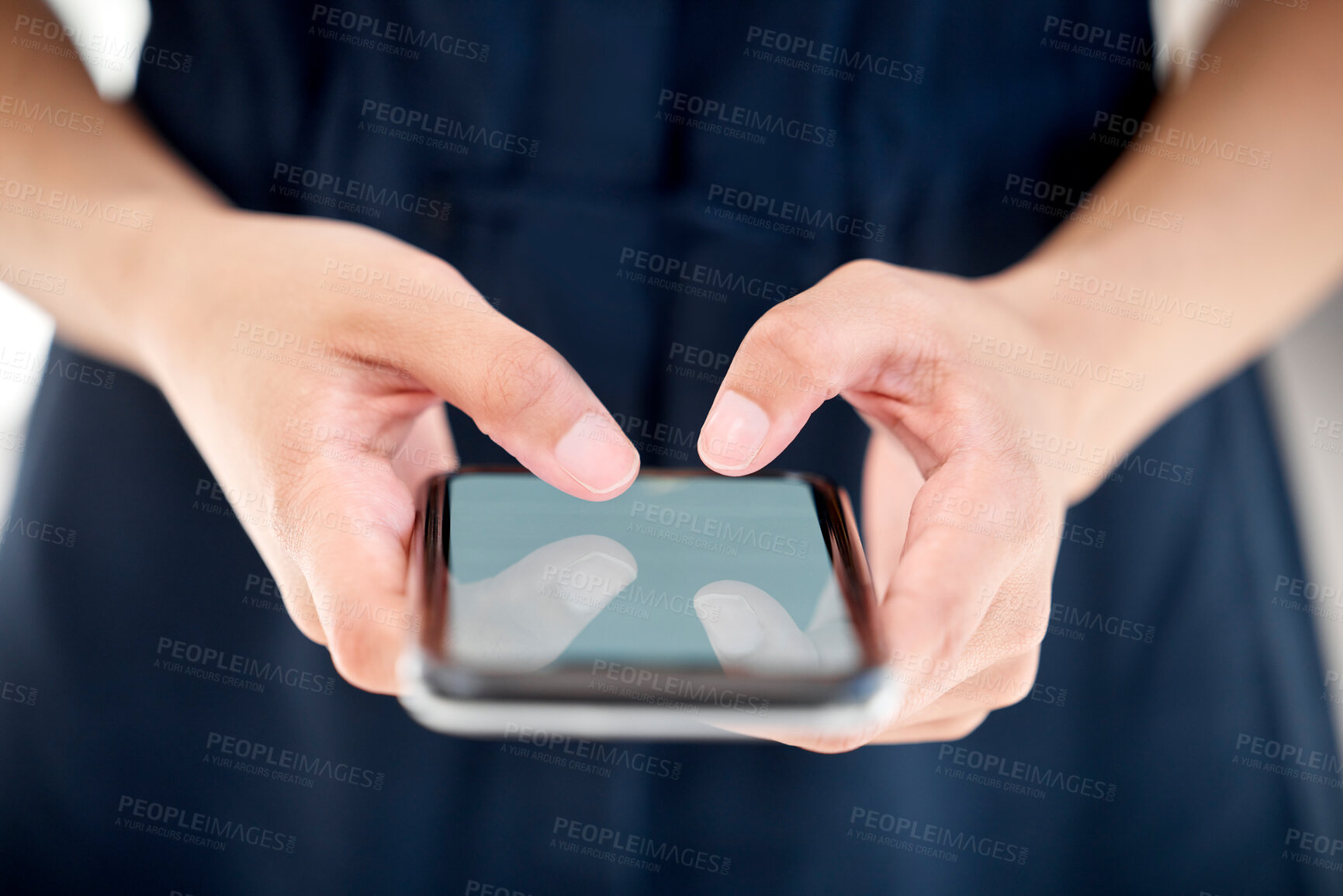 Buy stock photo Hands, business and person with smartphone, screen and internet for social media, message and investment.Texting, closeup and cellphone, tech and digital app for online connection, email and contact