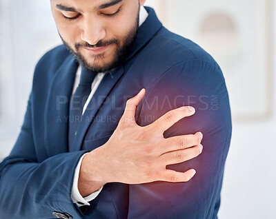 Buy stock photo Hand, injury and shoulder pain with business man in office for accident, anatomy or mistake. Corporate, fail and red glow with employee in workplace for emergency, pressure or treatment of arm