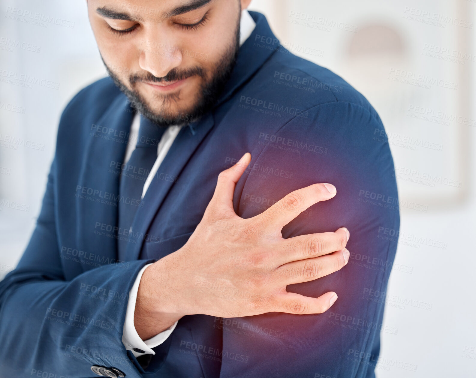 Buy stock photo Hand, injury and shoulder pain with business man in office for accident, anatomy or mistake. Corporate, fail and red glow with employee in workplace for emergency, pressure or treatment of arm