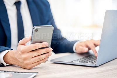 Buy stock photo Hands, business and man with smartphone, laptop and internet for social media, research and investment. Person, closeup or employee with cellphone, tech or digital app for texting, trading or contact