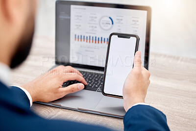 Buy stock photo Hands, business and man with phone screen, charts and  trading with investment, stock market and mockup space. Person, closeup and trader with cellphone, tech and digital app with graphs and crypto