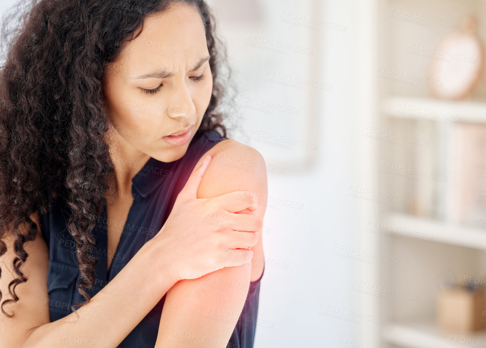 Buy stock photo Woman, shoulder pain and injury in office with hand for massage, red glow and overlay for muscle fatigue. Person, employee and stress with sore joint, emergency or accident at startup creative agency