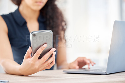 Buy stock photo Hands, business and woman with cellphone, laptop and internet for trading, texting and investment. Person, closeup and trader with smartphone, tech and digital app for online news, message or contact