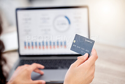 Buy stock photo Hands, credit card and person on laptop for stock market, fintech ux or cryptocurrency charts. Buy, financial trader or screen of technology for typing account, banking investment or finance growth