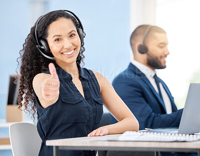 Buy stock photo Woman, thinking and microphone on headset in career, workplace or job as customer service agent. Female person, technology and happy as virtual assistant in online, technical support or cybersecurity