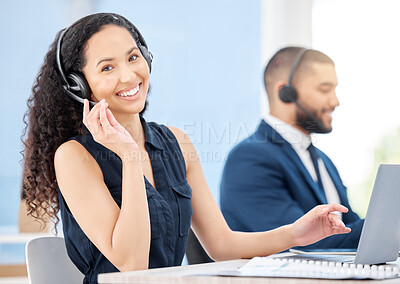 Buy stock photo Woman, portrait and microphone on headset in career, work or job as customer service agent. Female person, technology and happy as virtual assistant in online, technical support in contact center