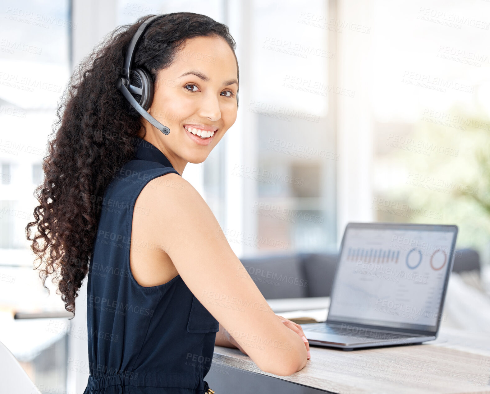 Buy stock photo Woman, portrait and headset on laptop screen in career, workplace or job as customer service agent. Female person, smile and analytics as virtual assistant in online, technical support or trading