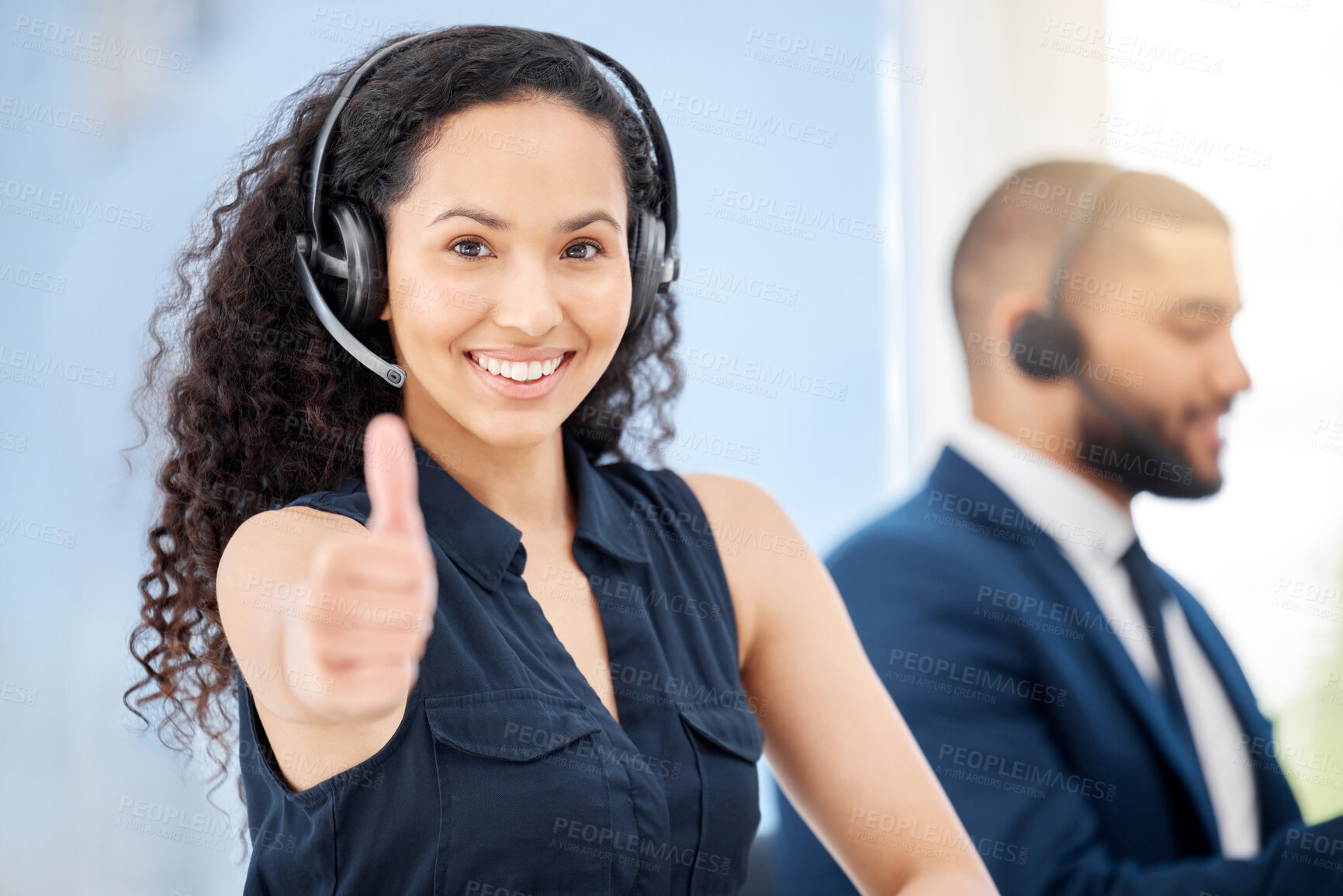 Buy stock photo Woman, thumbs up and microphone in portrait in career, workplace or job as customer service agent. Female person, headset and success as virtual assistant in online, technical support in agreement