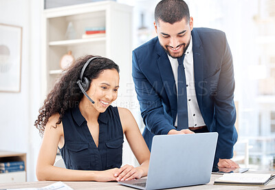 Buy stock photo Woman, man and microphone on laptop in career, workplace or job as customer service agent. People, team and headset with tech, happy as virtual assistant in online, technical support or help desk