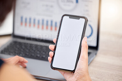 Buy stock photo Laptop, phone and person on stock market mockup space, fintech ux or cryptocurrency charts. Hands, financial trader or screen of technology to check mobile app, banking investment or finance growth