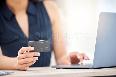 Buy stock photo Woman, professional and credit card for online shopping in purchase, e commerce on laptop for payment. Female person, banking and investing in retail sale for discount, savings for company or project