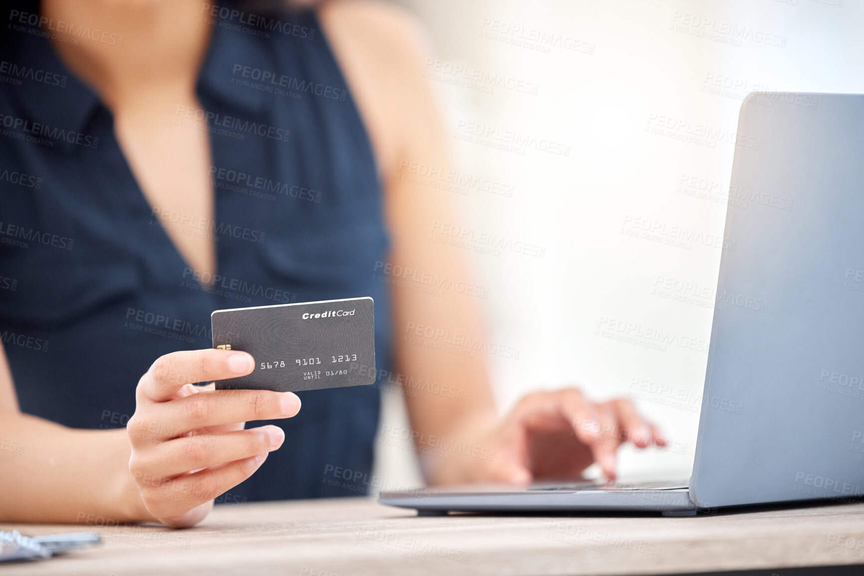 Buy stock photo Woman, professional and credit card for online shopping in purchase, e commerce on laptop for payment. Female person, banking and investing in retail sale for discount, savings for company or project