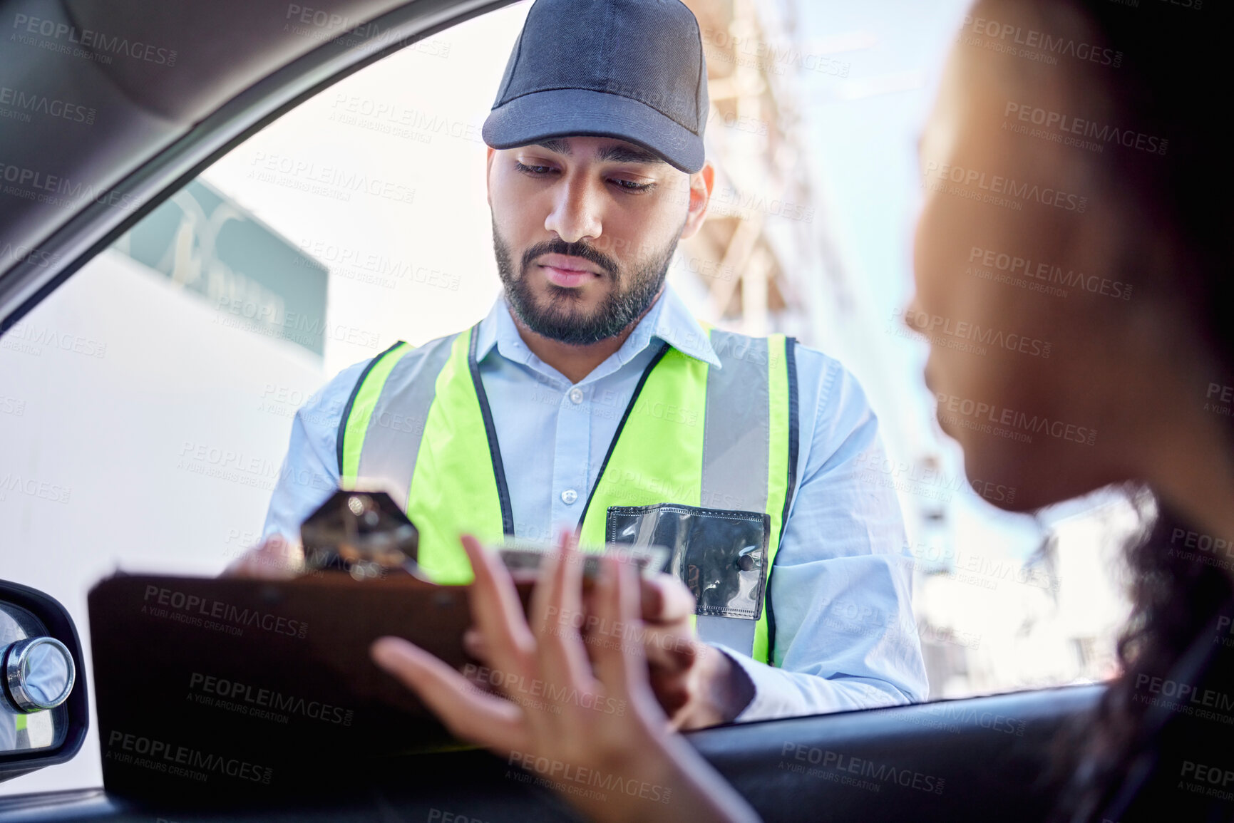 Buy stock photo Woman, driving and traffic officer with ticket by car for speeding, fine and violation of law. Angry, driver and man with license and registration on clipboard for road safety, compliance and warning