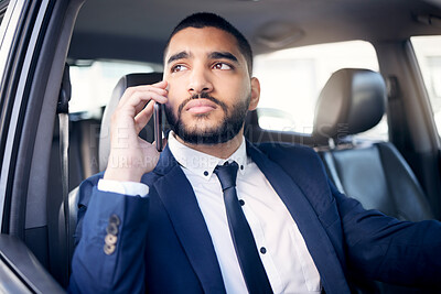 Buy stock photo Business man, phone call and driving in car for communication, mobile networking and chat in traffic. Lawyer, driver and thinking for contact, smartphone and travel for law firm commute and planning