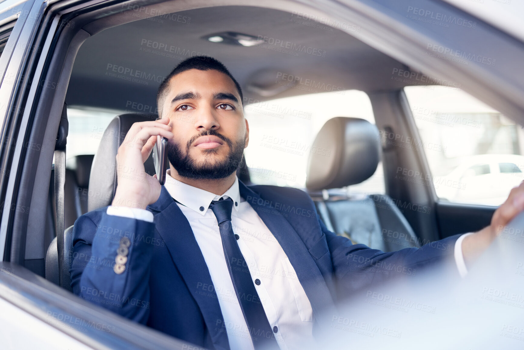 Buy stock photo Phone call, businessman and driving in car for travel, networking and thinking of directions. Technology, communication and commute to work in city with trader, conversation or negotiation in traffic