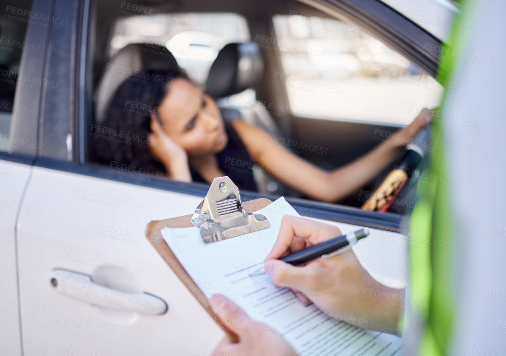 Buy stock photo Angry, woman and traffic officer by car with clipboard for driving, speeding fine and warning. Frustrated, driver and hands with writing on documents for road safety, compliance and violation of law