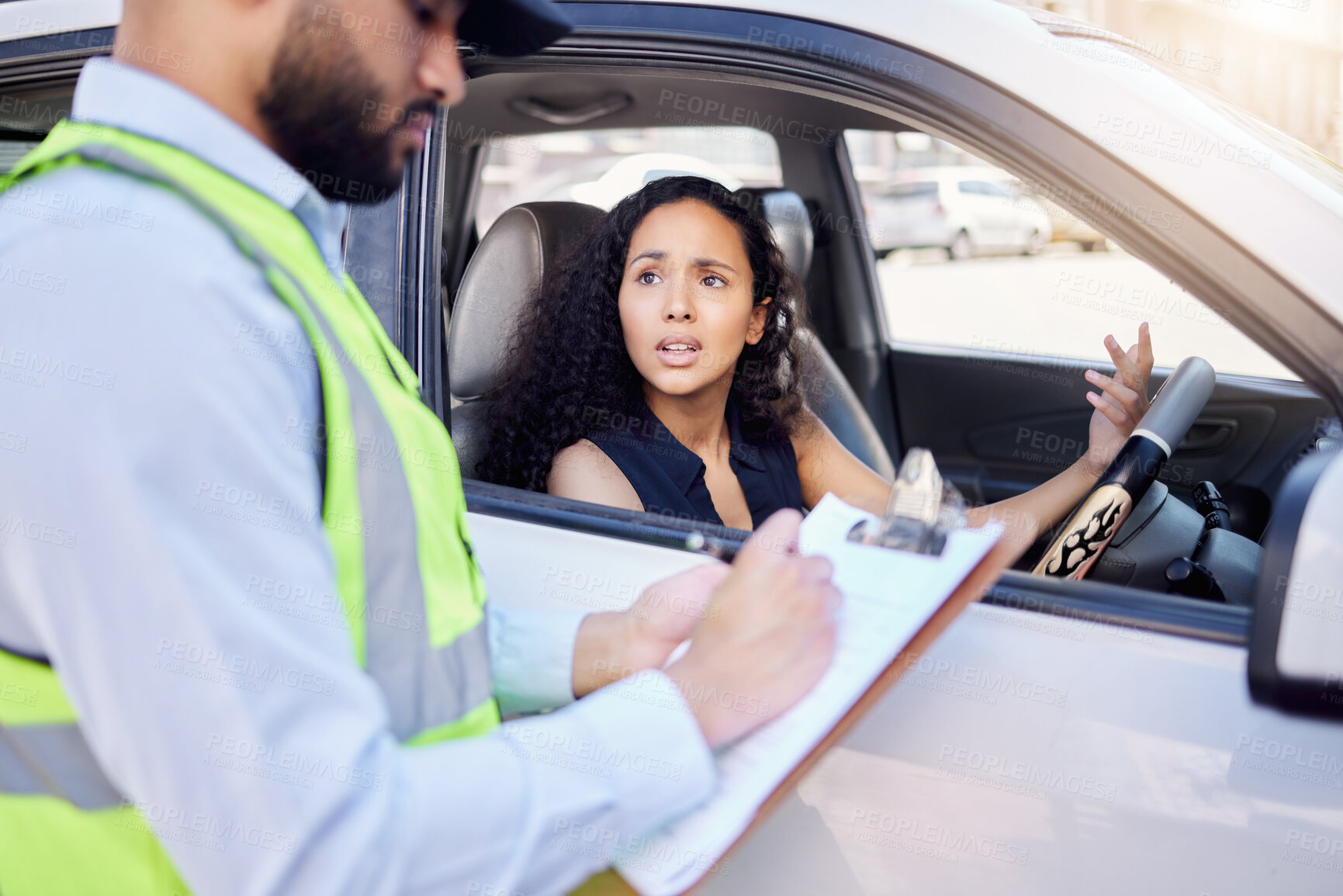 Buy stock photo Angry, woman and traffic officer with ticket by car for speeding, fine and violation of law. Frustrated, driver and man with documents on clipboard for road safety, compliance information and warning