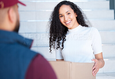 Buy stock photo Portrait, delivery and happy woman at home with package, exchange and customer service at steps. Online shopping, female client and satisfied with box outside for collection, supply and courier