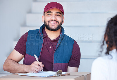 Buy stock photo Happy man, portrait and writing with box for delivery, customer service or package at home. Male person or courier guy with smile for parcel signature, form or checklist in ecommerce or online order