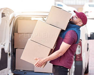 Buy stock photo Man, carry and box with big delivery for courier service, package or cargo transportation. Young male person with bunch of boxes in logistics for parcel, ecommerce or online shopping orders in street