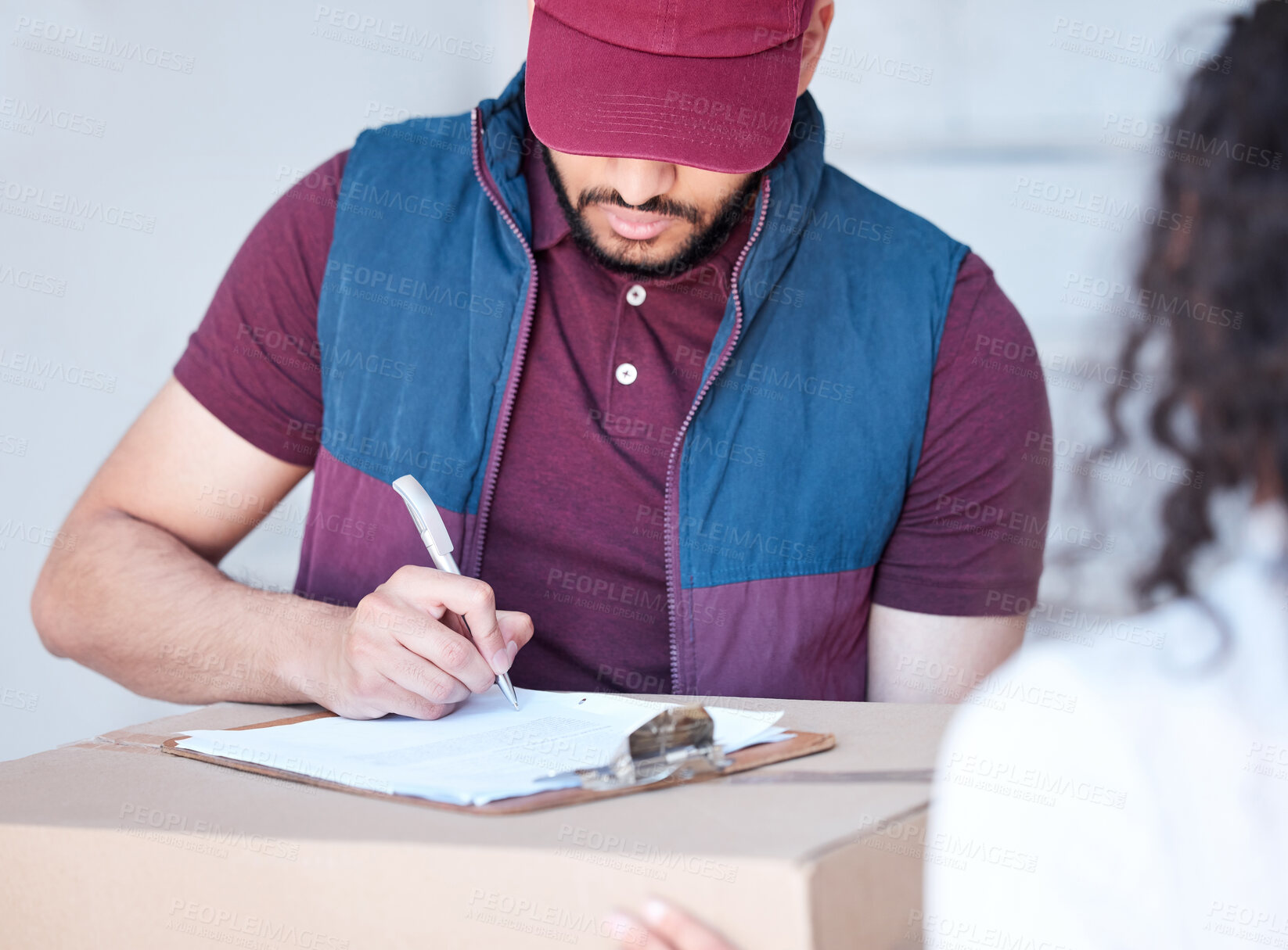 Buy stock photo Man, writing and box with delivery for customer service, package or signing parcel at home. Male person or courier guy filling in form, checklist or inventory for parcel, ecommerce or online order