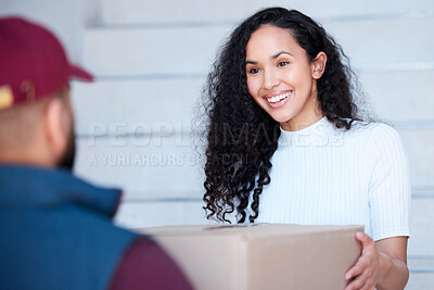 Buy stock photo Delivery, person and happy woman at home with box, customer service and ecommerce at steps. Online shopping, female client and satisfied with package outside for collection, supply and courier