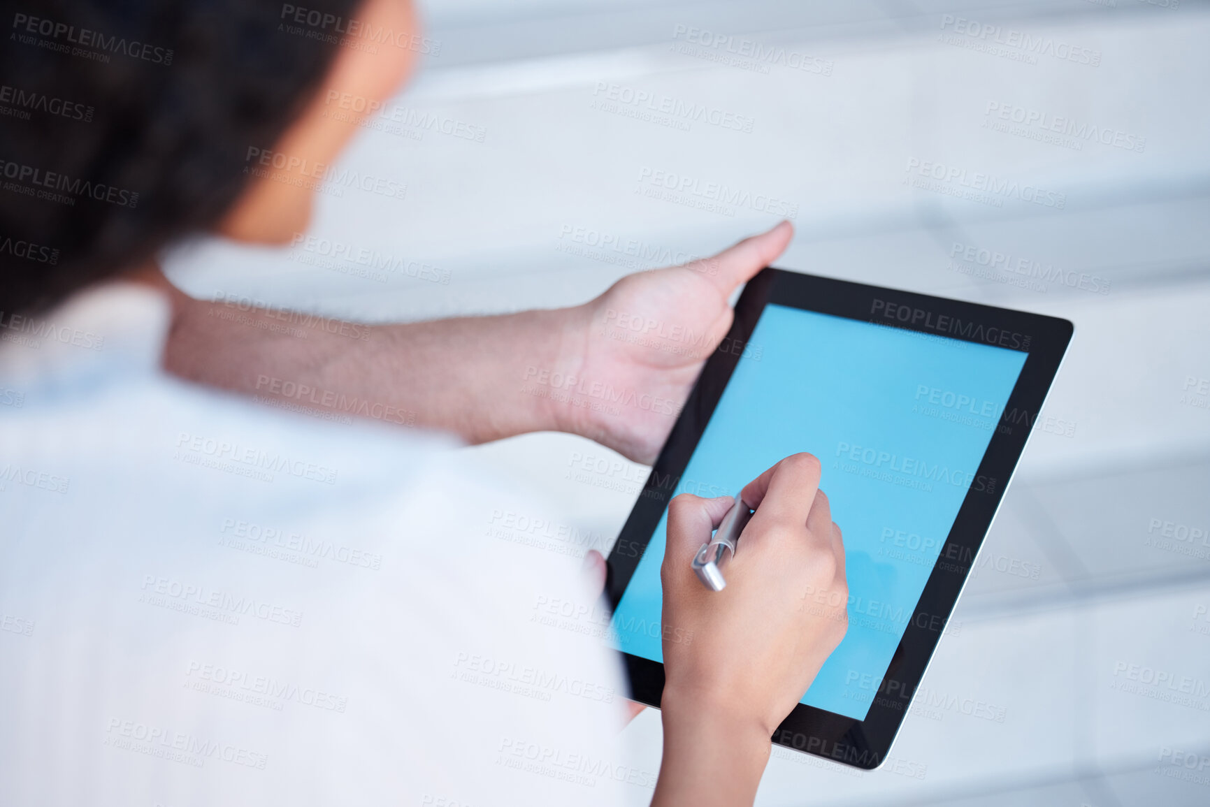 Buy stock photo Woman, writing and signature with tablet screen in delivery, checklist or verification on parcel or package at home. Closeup of female person signing on technology for online order or courier service