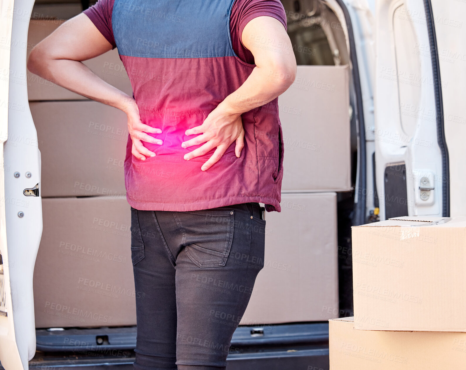 Buy stock photo Man, delivery and back injury with boxes for pain, accident or emergency from parcel, packages or cargo. Male person or courier guy with red glow for sore spine, ache or inflammation by vehicle