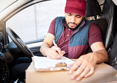 Buy stock photo Man, writing and van with box for delivery, customer service or package on checklist. Young male person or courier guy filling in form, inventory or survey for vehicle, ecommerce or online order