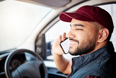 Buy stock photo Happy man, van and phone call with delivery for customer service, communication or conversation. Young male person or courier guy with smile on mobile smartphone for discussion, ecommerce or order