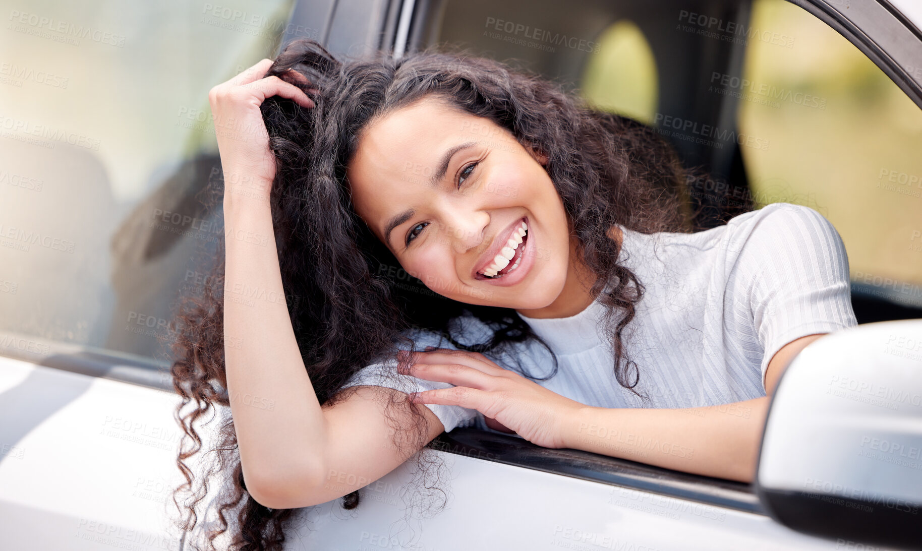 Buy stock photo Happy woman, car and portrait for road trip, adventure or outdoor travel in countryside. Young female person or driver smile in vehicle for transportation, journey or vacation on street for holiday